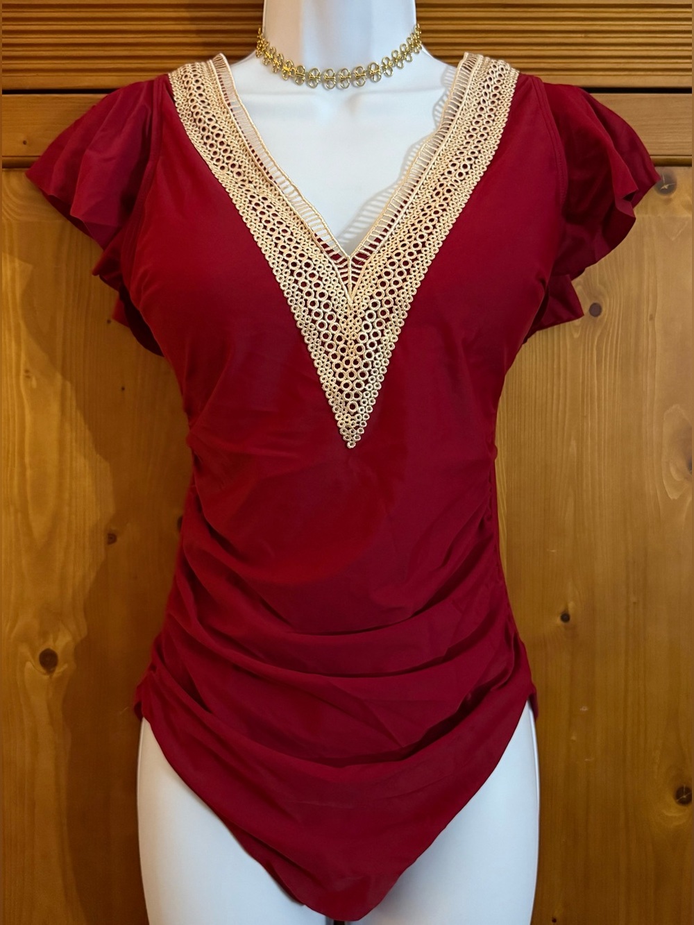 Women's Crimson V-Neck Lace-Trim Flutter Sleeve Swimsuit